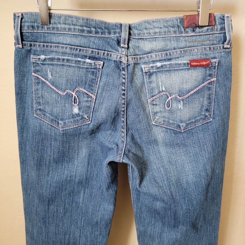 Blue 2 Medium Wash Pink Stitching Distressed Flare Denim Jeans - Picture 8 of 14